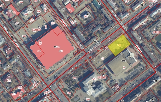 Желтым выделен участок под новое здание районной администрации